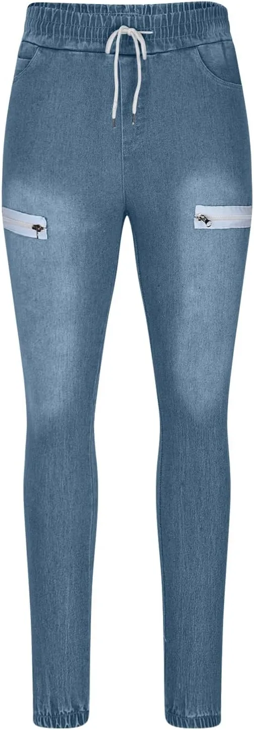 Men's Denim Jogger Pants Skinny Stretch Zipper Elastic Waist Drawstring Cargo Jeans Slim Fit Hip Hop Streetwear