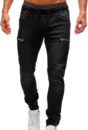 Men's Denim Jogger Pants Skinny Stretch Zipper Elastic Waist Drawstring Cargo Jeans Slim Fit Hip Hop Streetwear