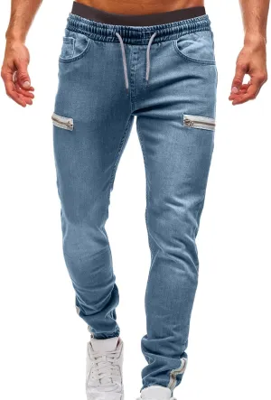Men's Denim Jogger Pants Skinny Stretch Zipper Elastic Waist Drawstring Cargo Jeans Slim Fit Hip Hop Streetwear