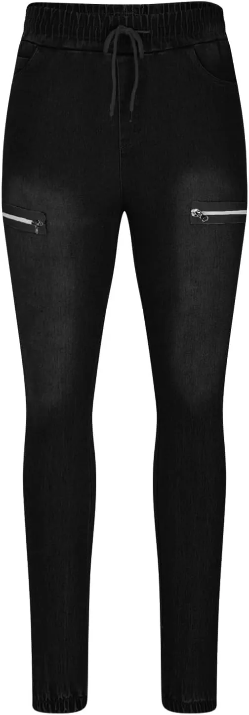Men's Denim Jogger Pants Skinny Stretch Zipper Elastic Waist Drawstring Cargo Jeans Slim Fit Hip Hop Streetwear