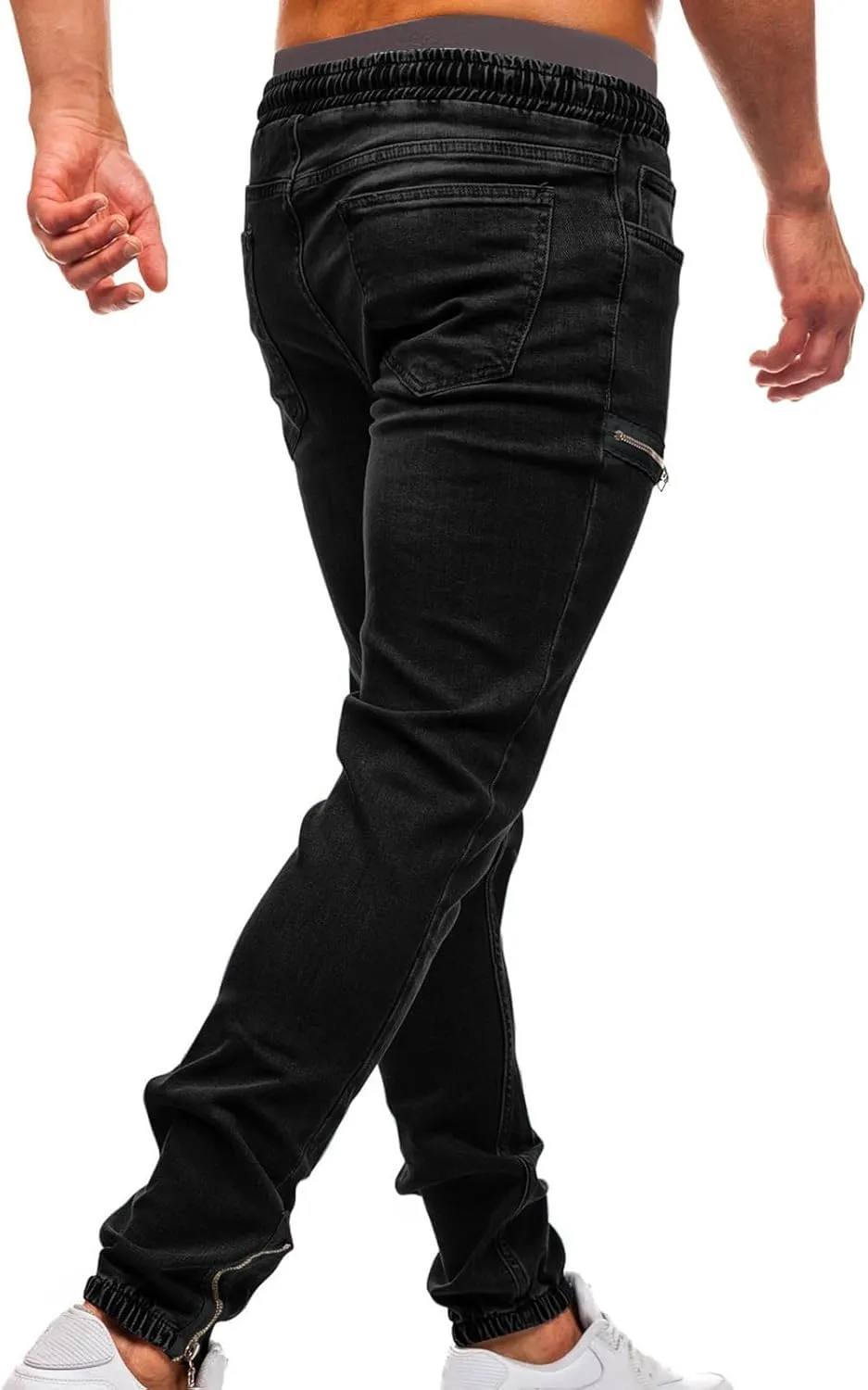 Men's Denim Jogger Pants Skinny Stretch Zipper Elastic Waist Drawstring Cargo Jeans Slim Fit Hip Hop Streetwear