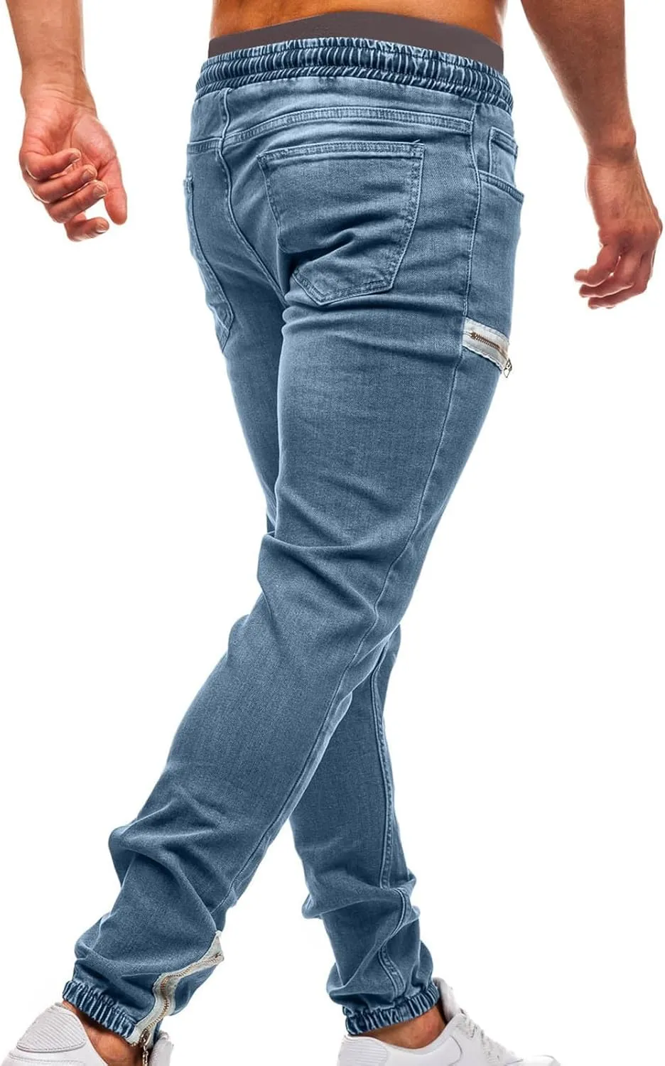 Men's Denim Jogger Pants Skinny Stretch Zipper Elastic Waist Drawstring Cargo Jeans Slim Fit Hip Hop Streetwear