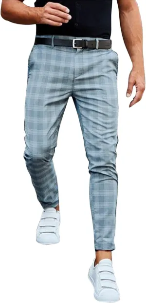 Mens Dress Pants Plaid Slim Fit Casual Golf Pants Zip Off Flat Front Stretch Business Pencil Chino Pants with Pockets