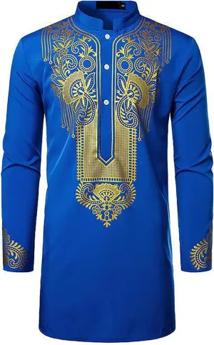 Men's Henley Shirts Loose Fit Long Sleeve Muslim Thobe Button Up Kaftan Thobe Side Split Kaftan Thobe with Pockets