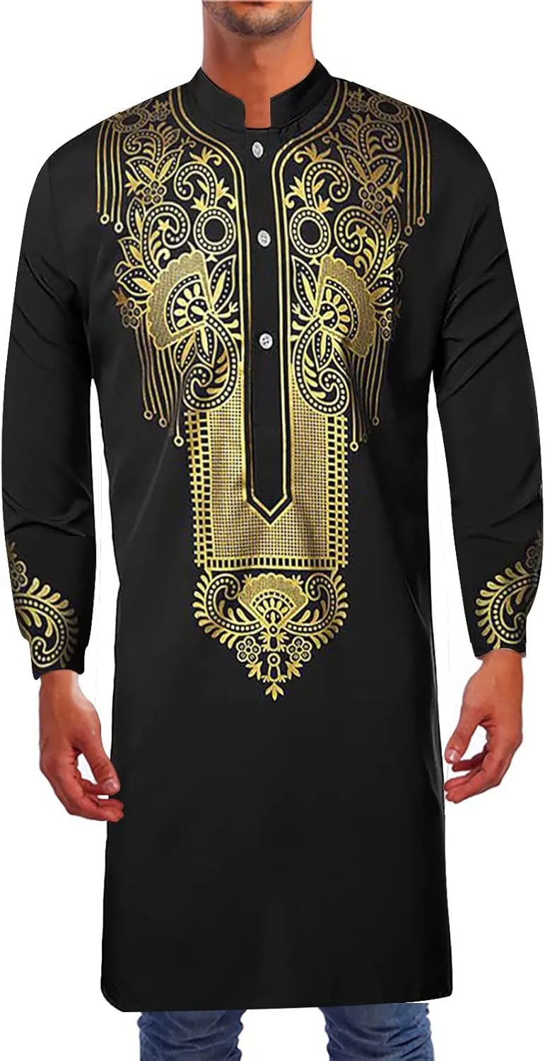 Men's Henley Shirts Loose Fit Long Sleeve Muslim Thobe Button Up Kaftan Thobe Side Split Kaftan Thobe with Pockets