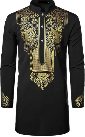 Men's Henley Shirts Loose Fit Long Sleeve Muslim Thobe Button Up Kaftan Thobe Side Split Kaftan Thobe with Pockets