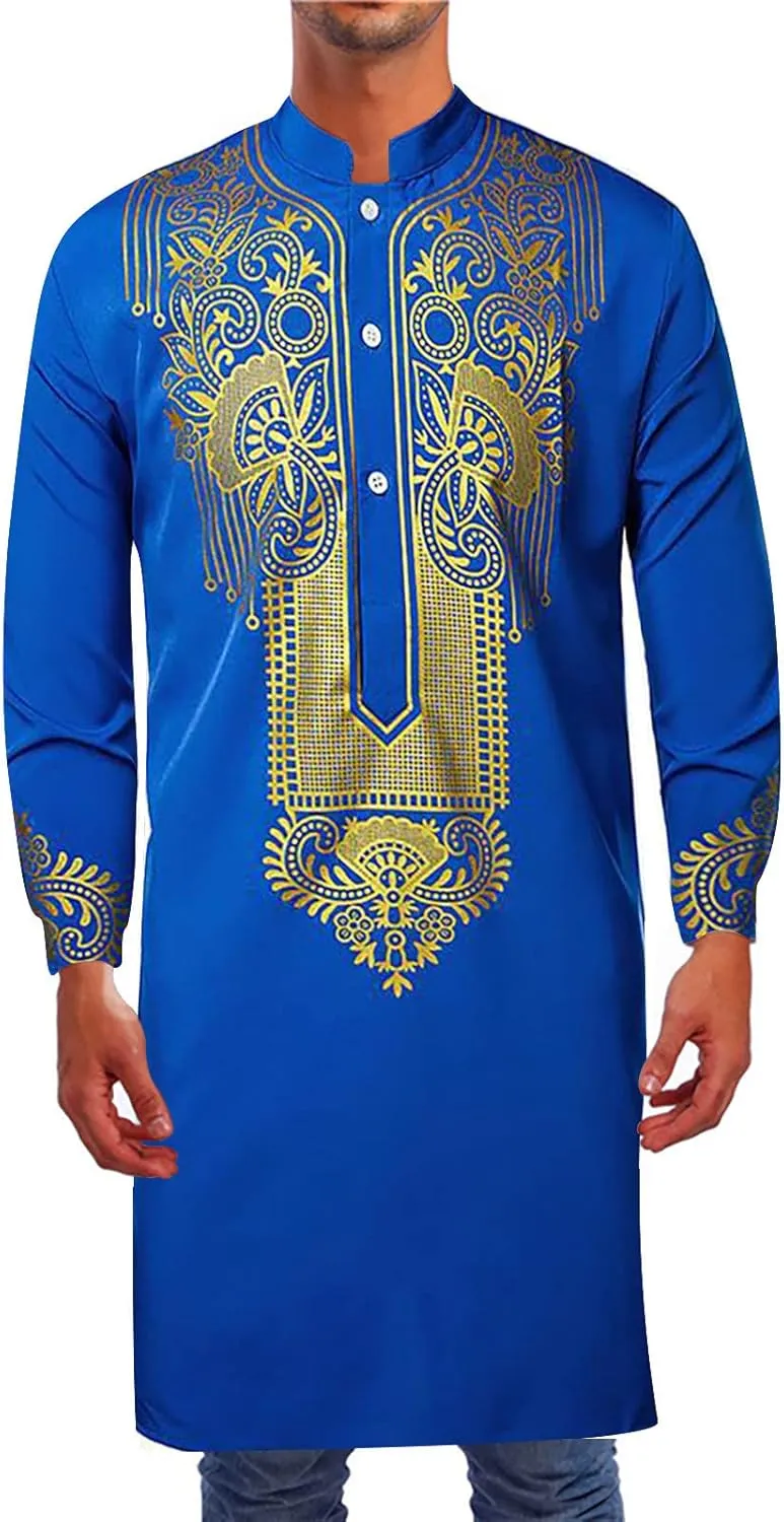 Men's Henley Shirts Loose Fit Long Sleeve Muslim Thobe Button Up Kaftan Thobe Side Split Kaftan Thobe with Pockets