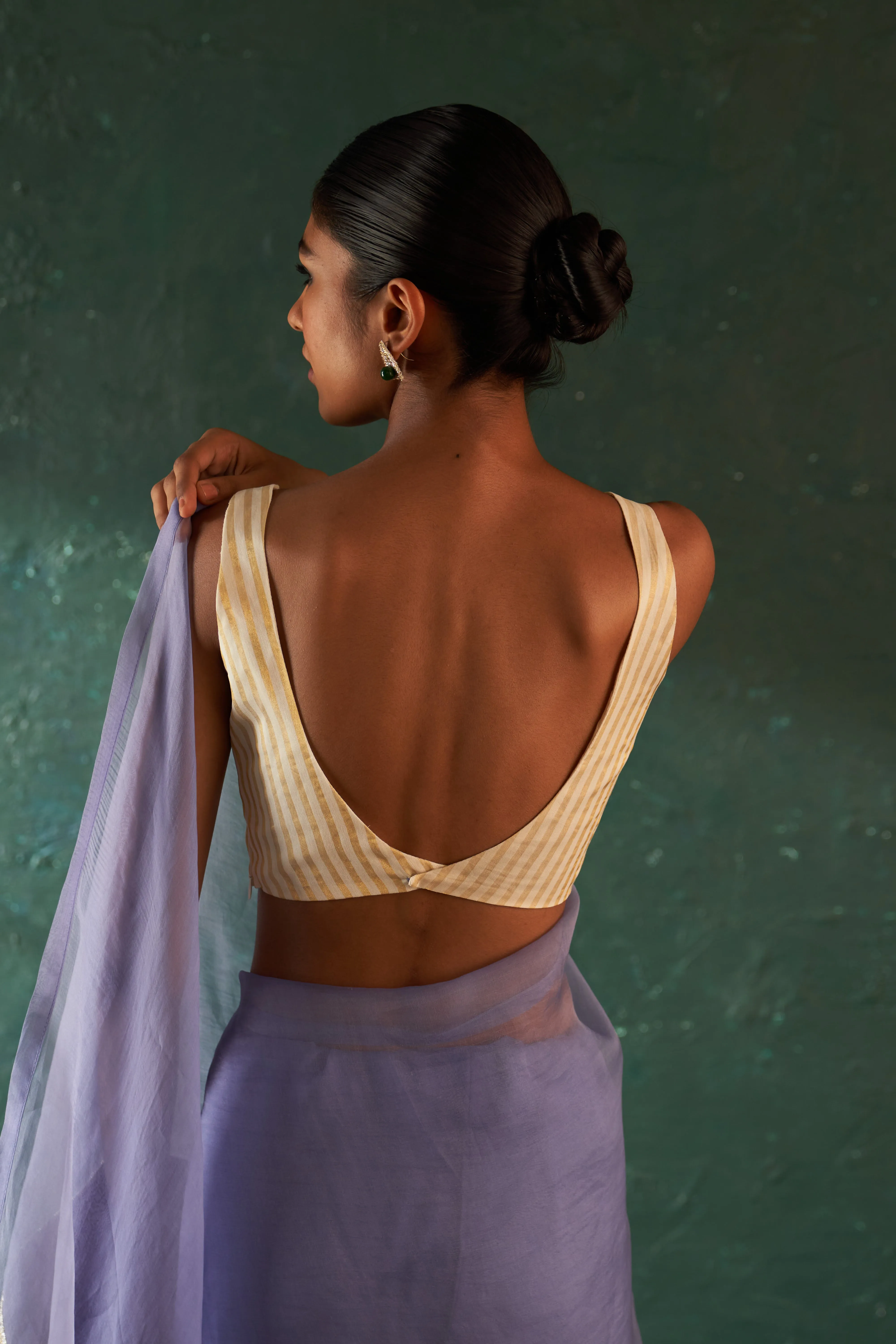 Midas Purple Saree with Ivory Tissue Stripe Blouse- set of 2