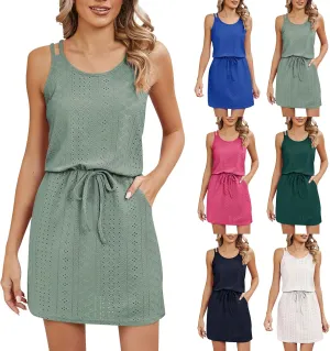 midelxp Summer Sundresses for Women Hollow Out Swimsuit Cover Up Beach Dresses Spaghetti Strap Lace Up Jacquard Tank Dress