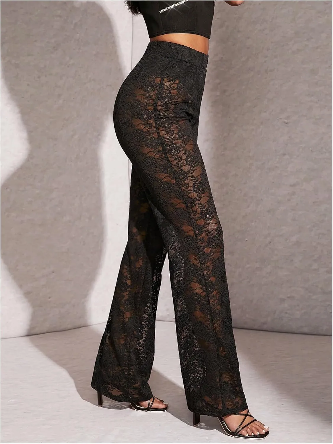 Milumia Women's Floral Lace Elastic High Waist Pants Sexy See Through Straight Leg Trousers
