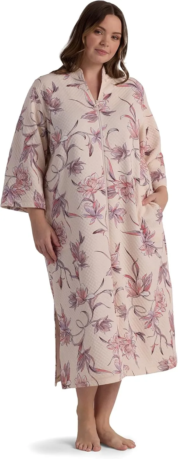 Miss Elaine Women's Long Quilted Robe, Zipper Robe with Long Sleeves and Two Pockets, Sleepwear and Loungewear