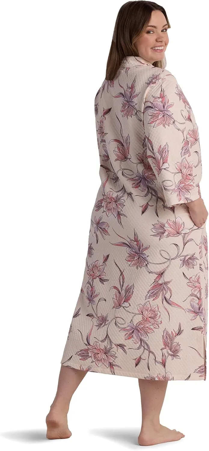 Miss Elaine Women's Long Quilted Robe, Zipper Robe with Long Sleeves and Two Pockets, Sleepwear and Loungewear