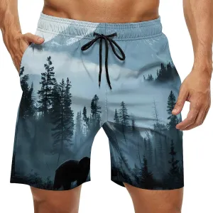 Misty Mountain Forests Animal Bear Men's Swim Trunks Quick Dry Board Shorts Breathable Summer Beach Shorts Bathing Suits
