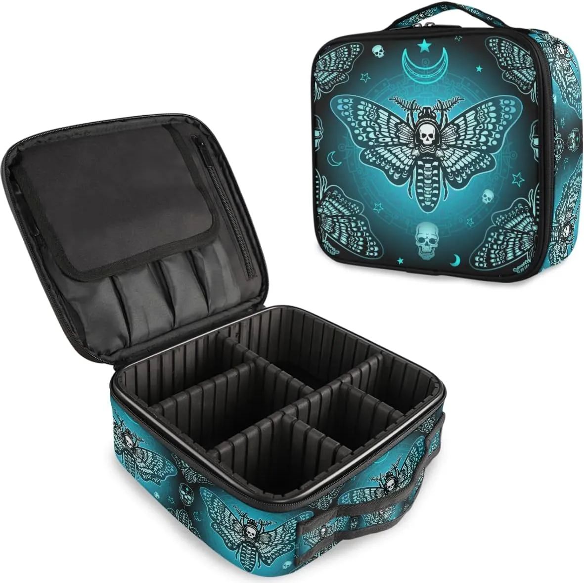 MNSRUU Travel Makeup Bag, Butterfly Skull Makeup Bag Organizer Goth Cosmetic Bag for Women Travel Toiletry Bag with Adjustable Dividers
