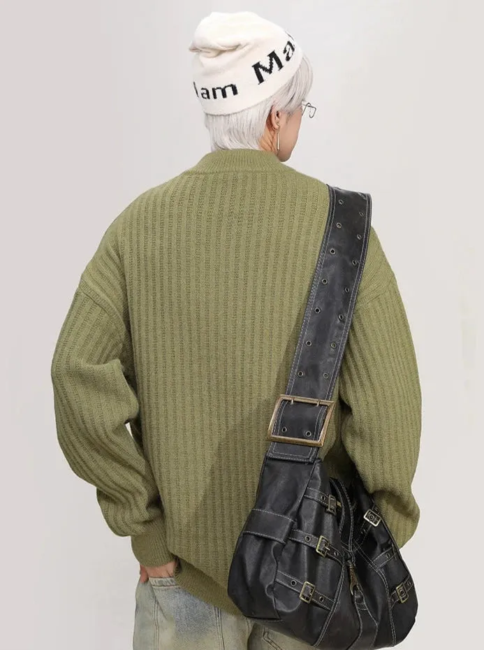 Mock Neck Ribbed Knit Sweater with Chest Pocket