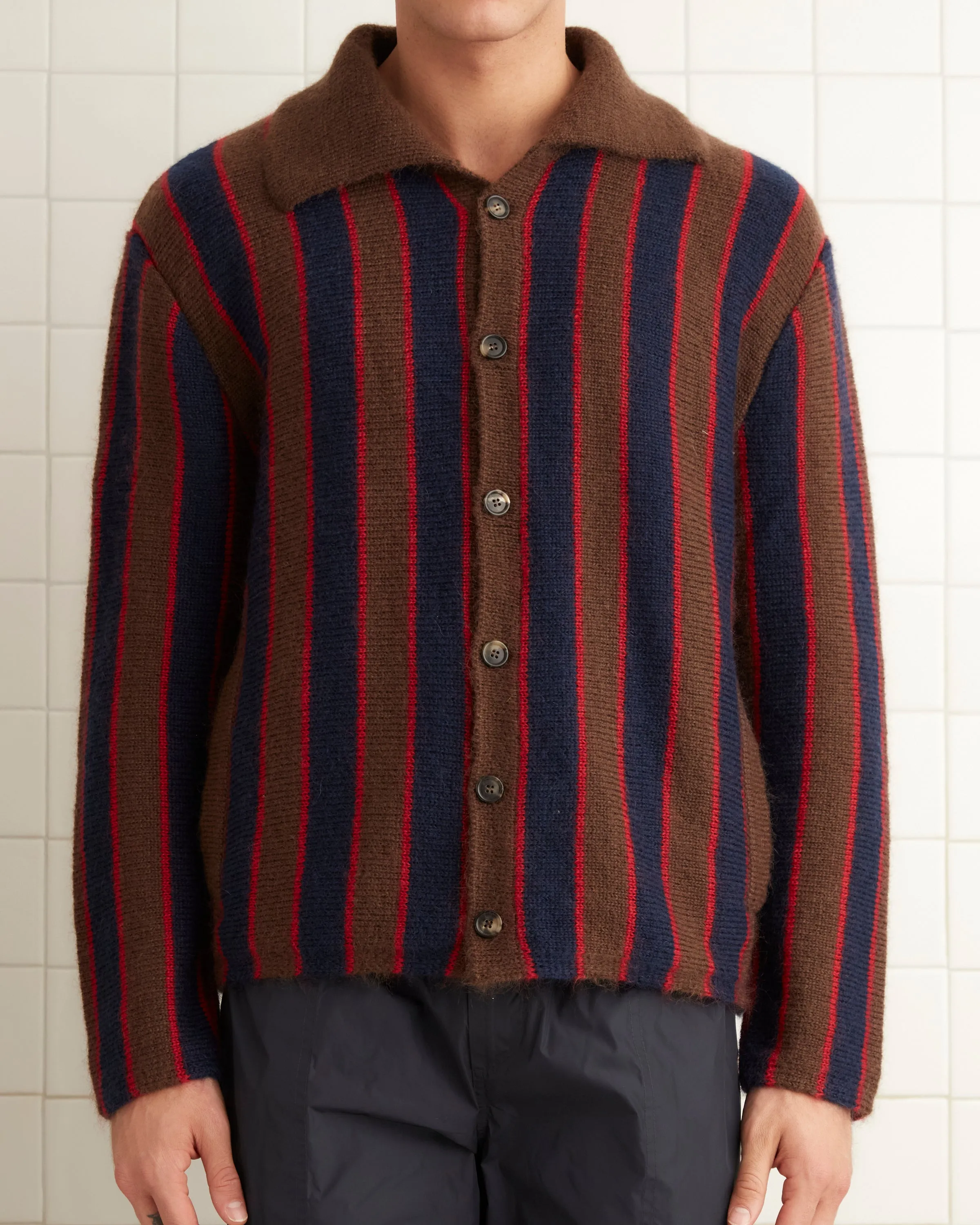 Mohair Stripe Cardigan - Navy/Brown
