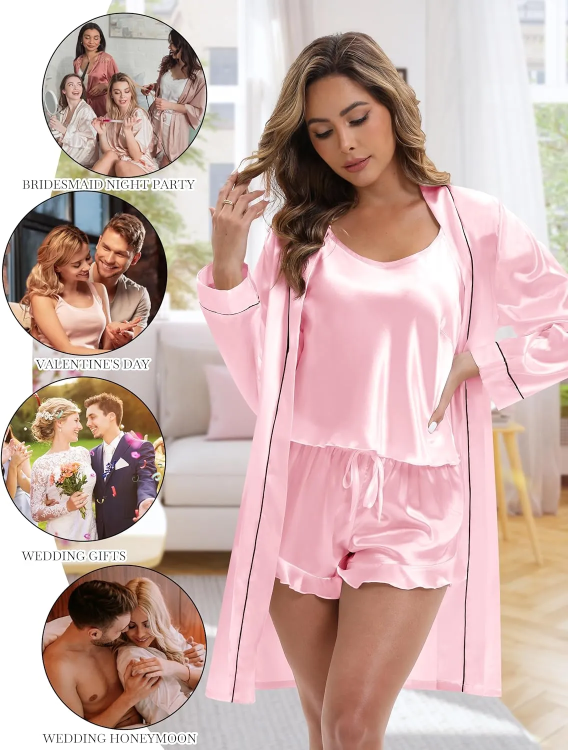 MORFORU Silk Pajamas for Women 3 Piece Satin Pajama Set with Robe Camisole Tops Ruffle Shorts with Sleep Mask Pjs