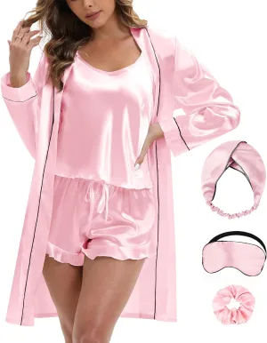 MORFORU Silk Pajamas for Women 3 Piece Satin Pajama Set with Robe Camisole Tops Ruffle Shorts with Sleep Mask Pjs