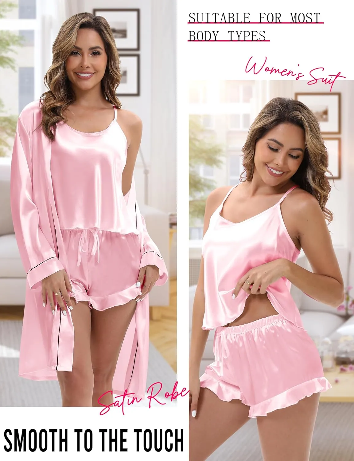MORFORU Silk Pajamas for Women 3 Piece Satin Pajama Set with Robe Camisole Tops Ruffle Shorts with Sleep Mask Pjs