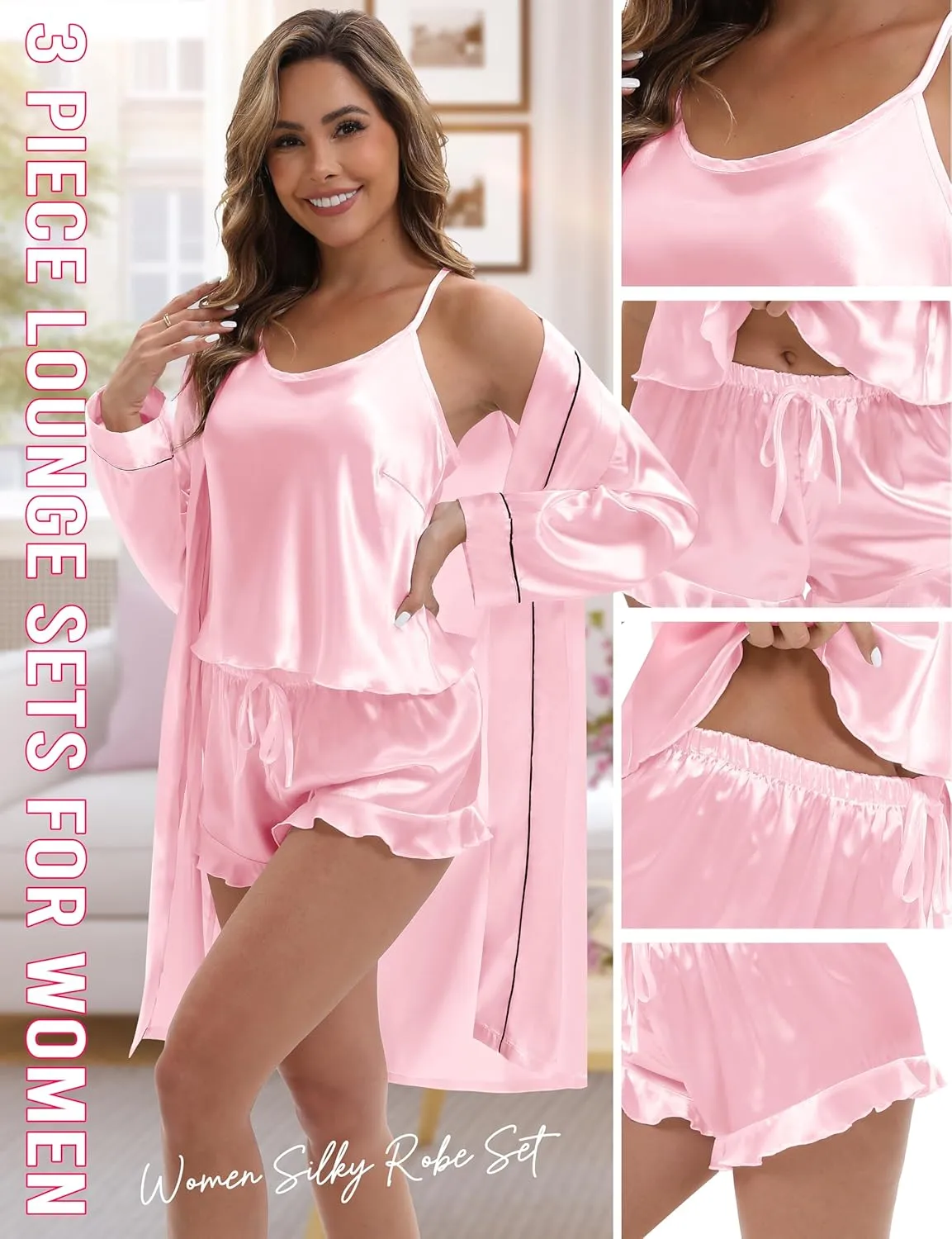 MORFORU Silk Pajamas for Women 3 Piece Satin Pajama Set with Robe Camisole Tops Ruffle Shorts with Sleep Mask Pjs