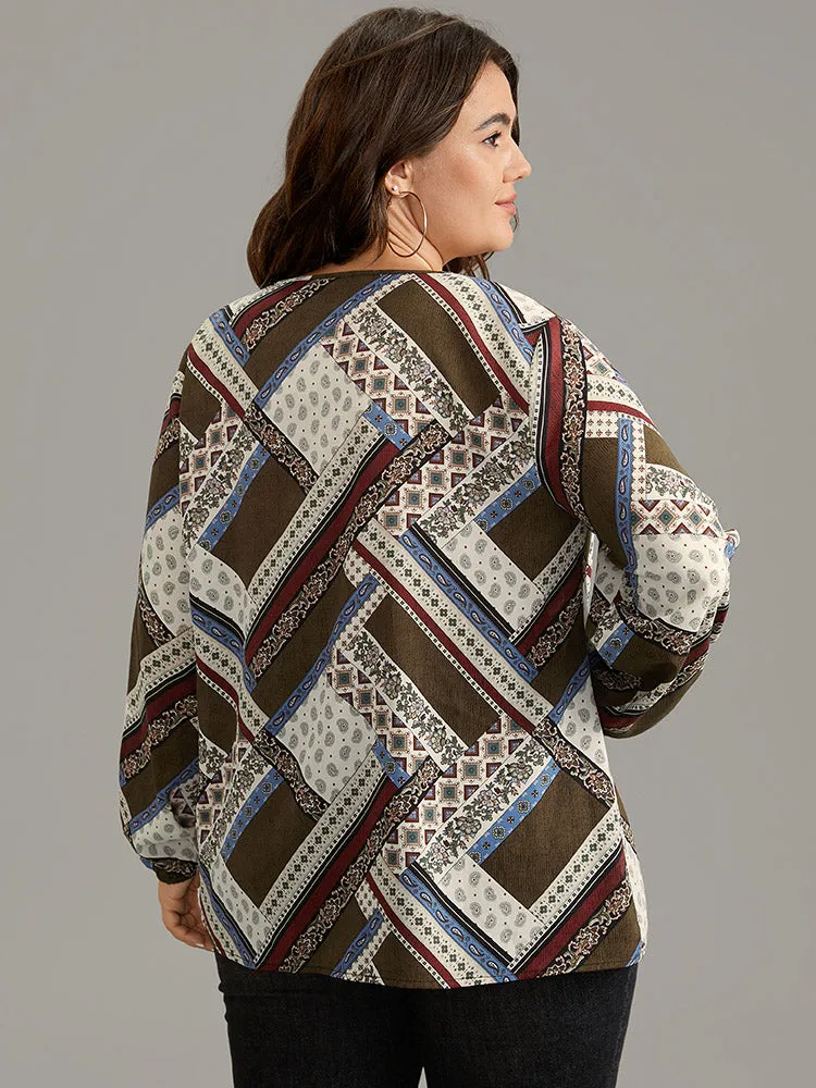 Moroccan Print Lace Up Lantern Sleeve Blouse