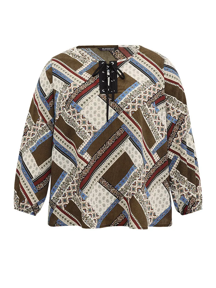 Moroccan Print Lace Up Lantern Sleeve Blouse
