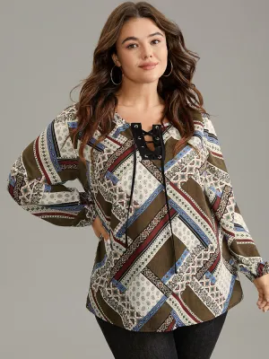 Moroccan Print Lace Up Lantern Sleeve Blouse