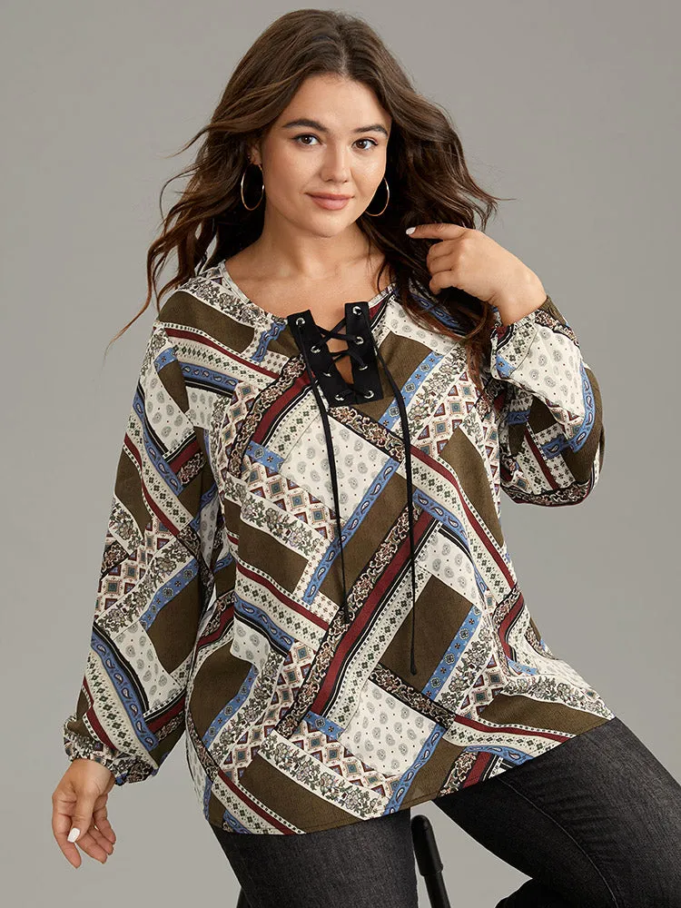Moroccan Print Lace Up Lantern Sleeve Blouse