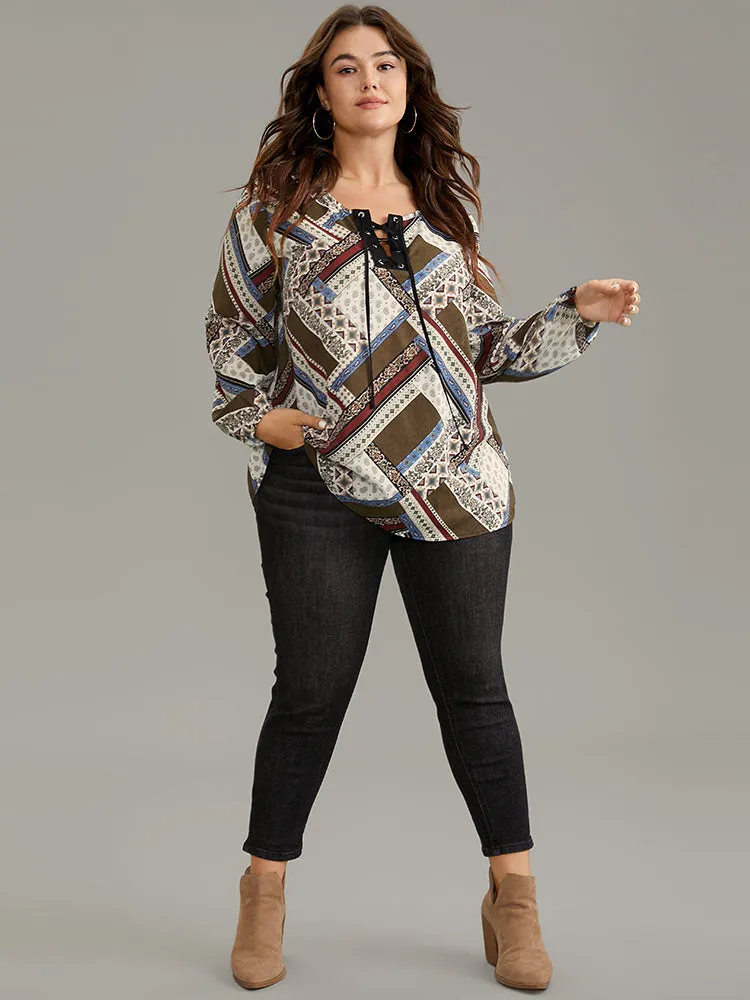 Moroccan Print Lace Up Lantern Sleeve Blouse