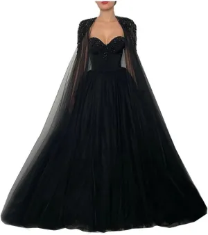 Mouccy Gorgeous Beaded Black Wedding Dresses with Cape Strapless Wedding Gowns for Bride Long Pearly Tulle Bridal Gowns