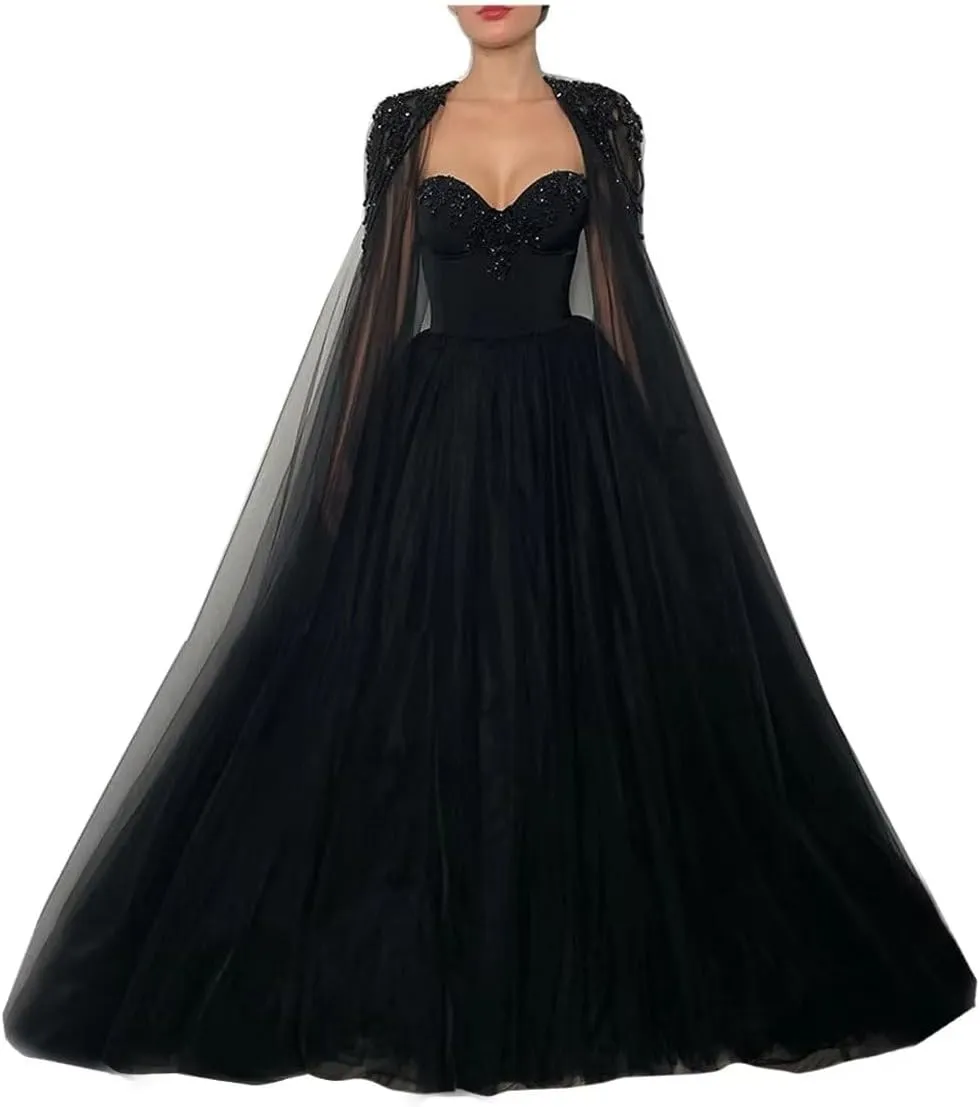 Mouccy Gorgeous Beaded Black Wedding Dresses with Cape Strapless Wedding Gowns for Bride Long Pearly Tulle Bridal Gowns