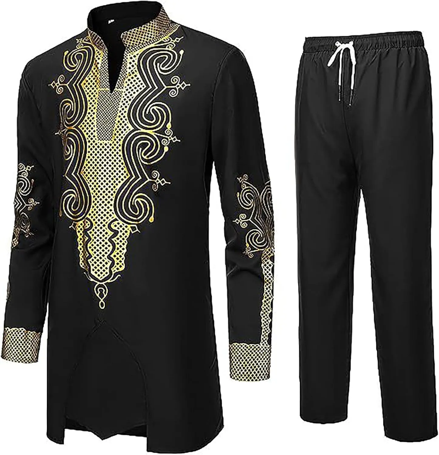 Muslim Clothes for Men 2 Piece Set Muslim Gown Shirt Set Graphic Casual Long Sleeve Kaftan Robe Henley Shirts & Pants