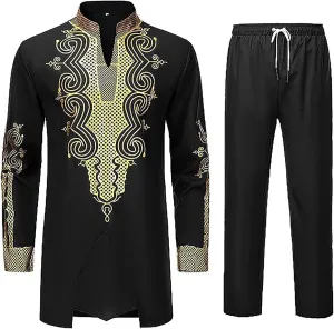 Muslim Clothes for Men 2 Piece Set Muslim Gown Shirt Set Graphic Casual Long Sleeve Kaftan Robe Henley Shirts & Pants