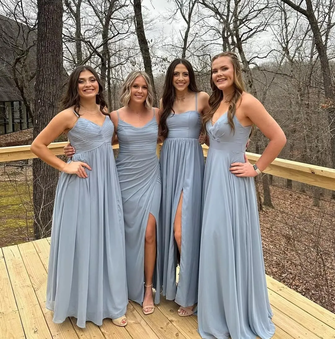 Noras dress Spaghetti Strap Bridesmaid Dresses for Wedding Long with Slit 2025 Chiffon A Line Formal Party Dress NO110