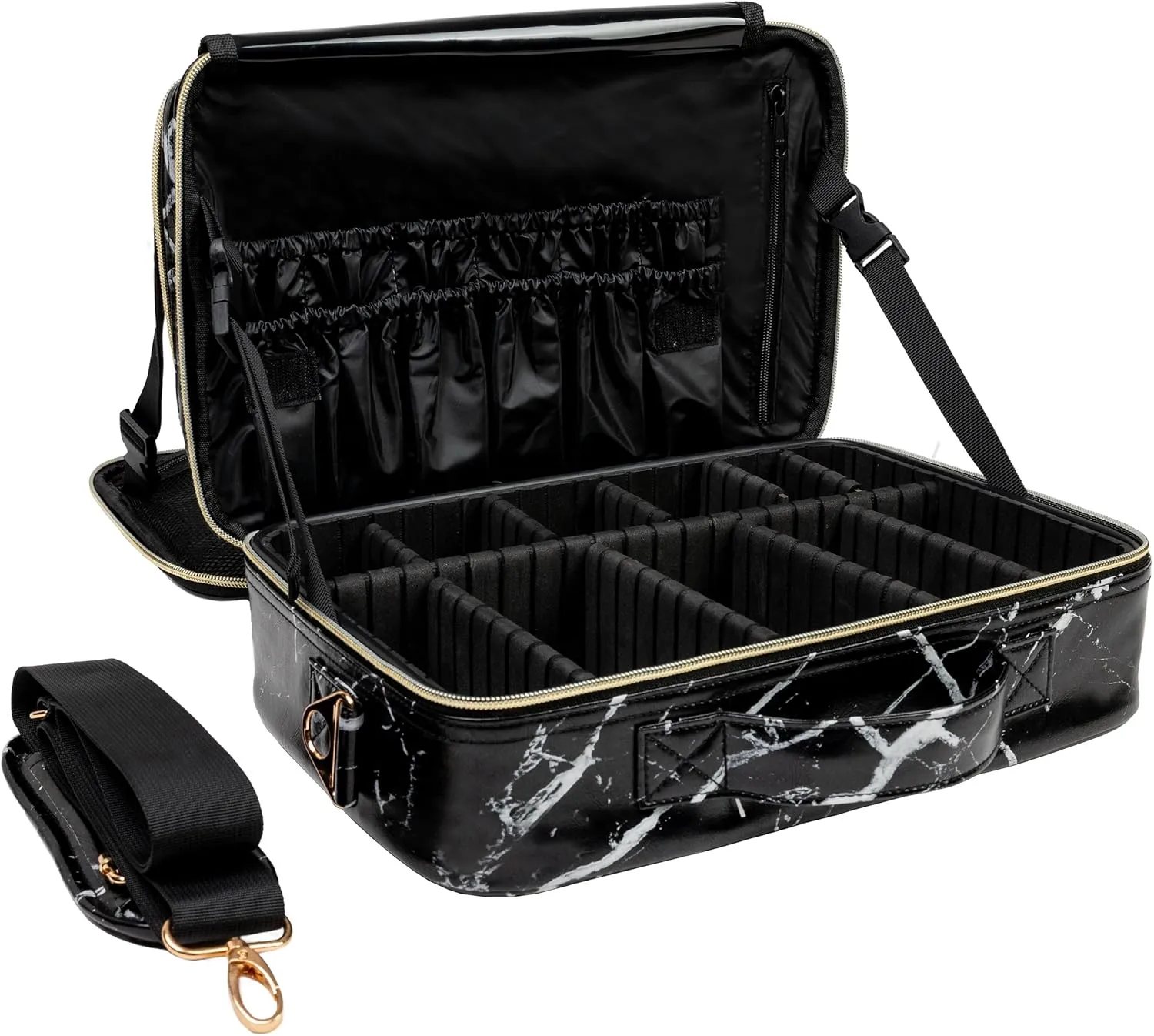(Not Made In China) Makeup Train Case, Cosmetic Organizer Bag, Travel Make Up Storage With Adjustable Dividers For Cosmetics, Jewelry, Fragrance, Nail Polish and Brushes (1, Marble, Large)