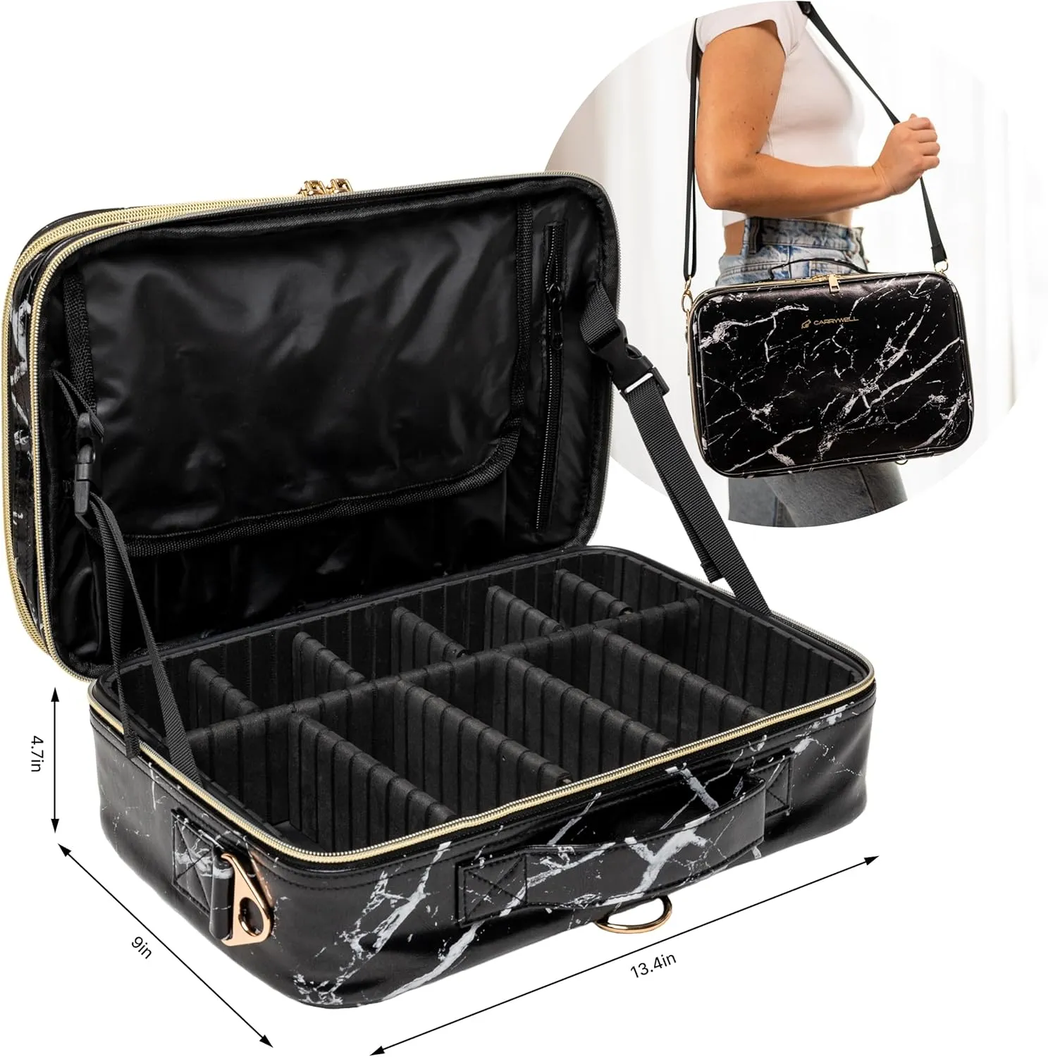 (Not Made In China) Makeup Train Case, Cosmetic Organizer Bag, Travel Make Up Storage With Adjustable Dividers For Cosmetics, Jewelry, Fragrance, Nail Polish and Brushes (1, Marble, Large)