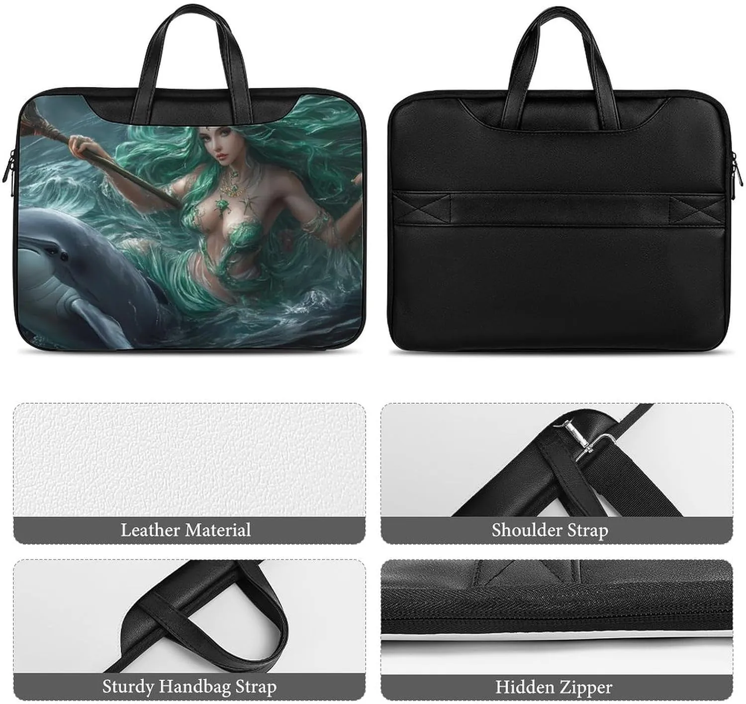 Ocean Goddess Dolphins Greek Myth Leather Bag Laptop Case Slim Water Resistant Computer Bags with Handle Briefcase for Work