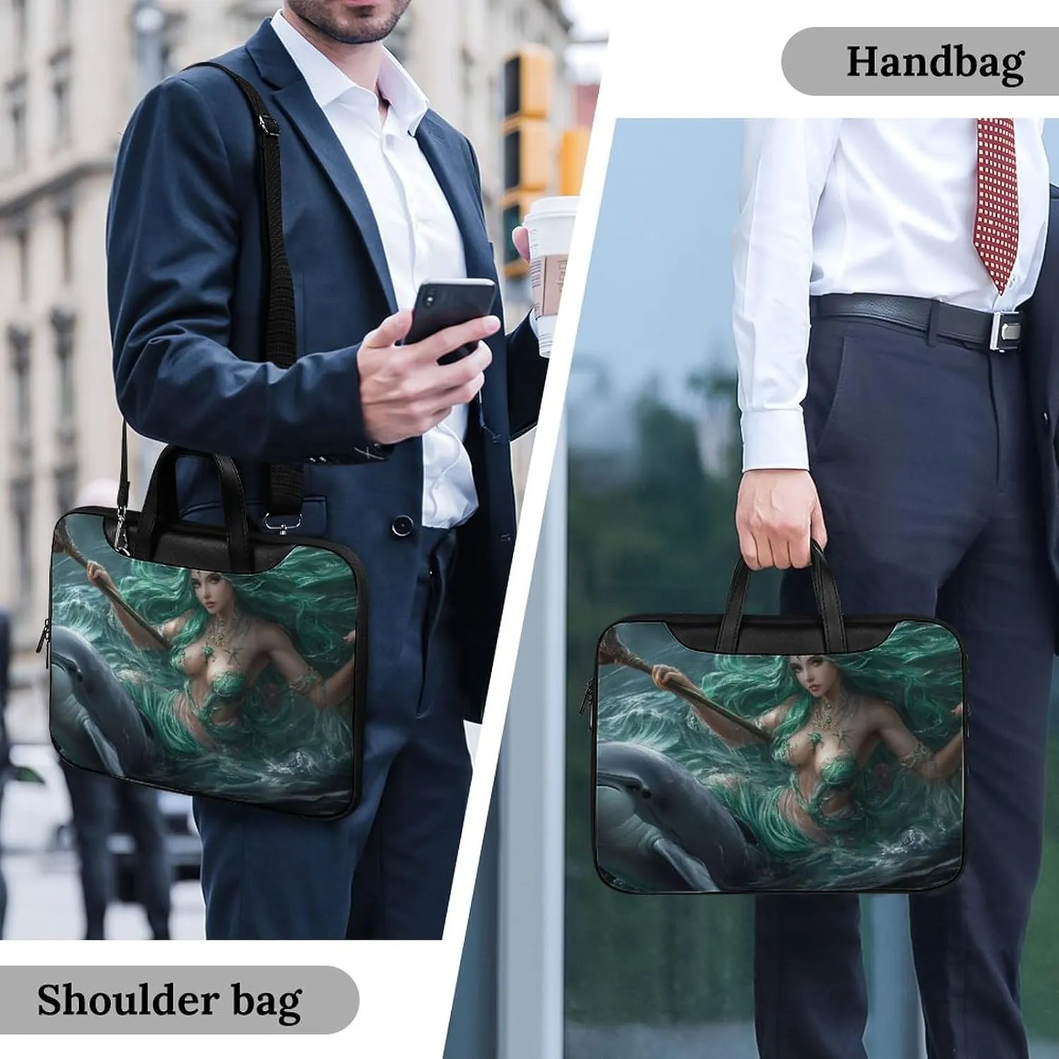 Ocean Goddess Dolphins Greek Myth Leather Bag Laptop Case Slim Water Resistant Computer Bags with Handle Briefcase for Work