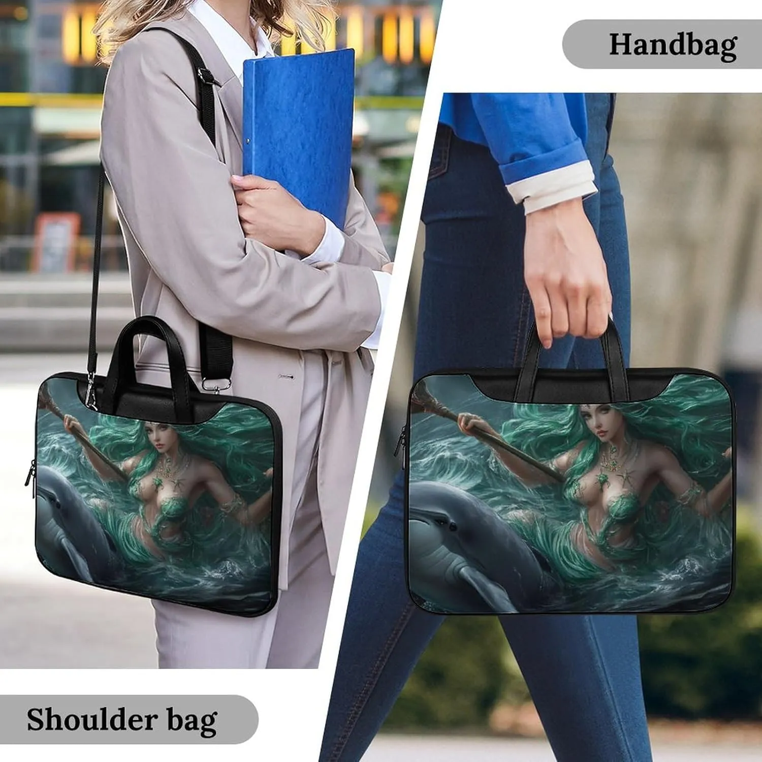 Ocean Goddess Dolphins Greek Myth Leather Bag Laptop Case Slim Water Resistant Computer Bags with Handle Briefcase for Work
