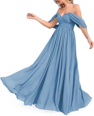 Off The Shoulder Bridesmaid Dresses for Wedding Ruched Chiffon Formal Evening Party Prom Maxi Gown AN356