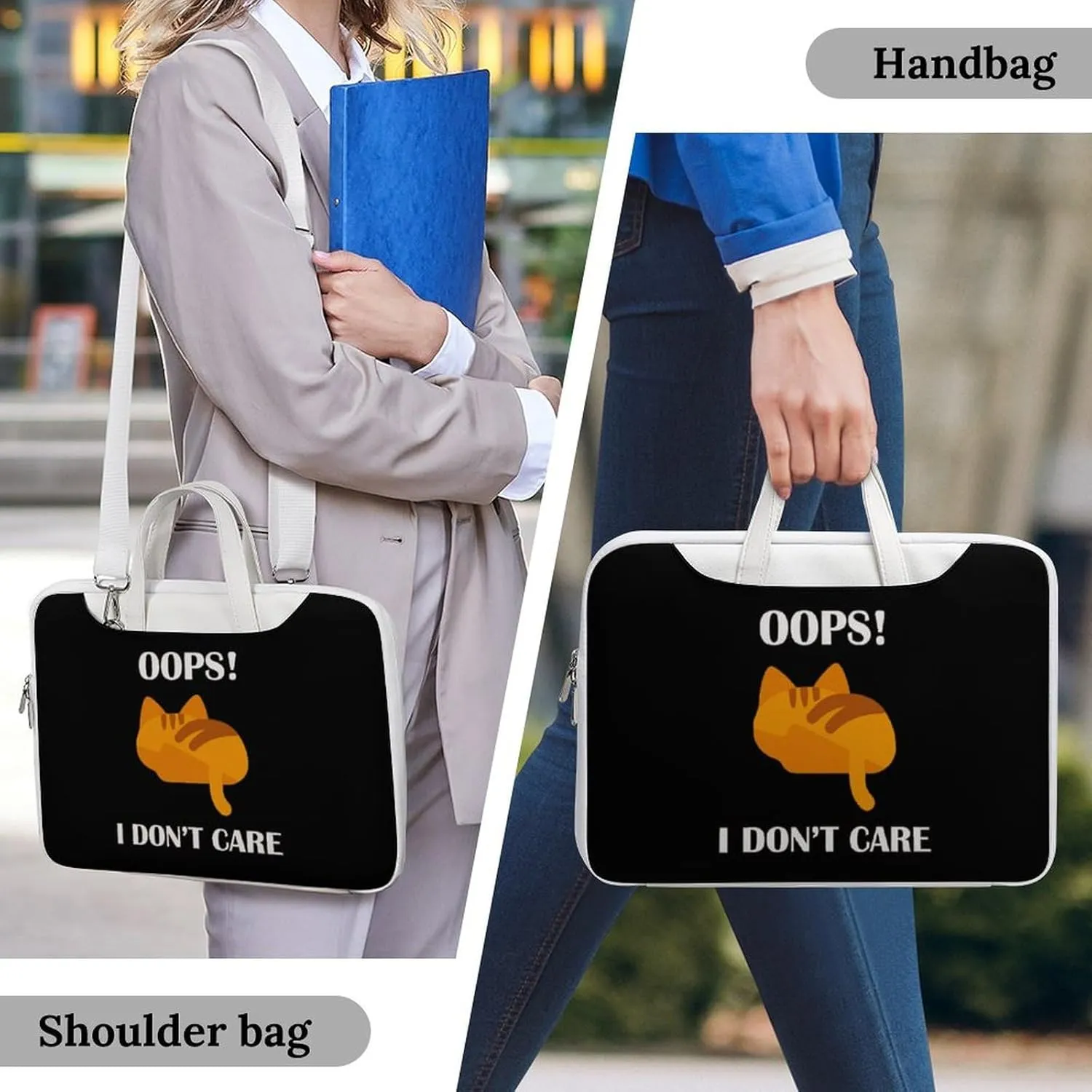 Oops Dont Care Cat Leather Bag Laptop Case Slim Water Resistant Computer Bags with Handle Briefcase for Work