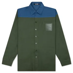 Oversized Bicolor R Pin Denim Shirt - Khaki Blue