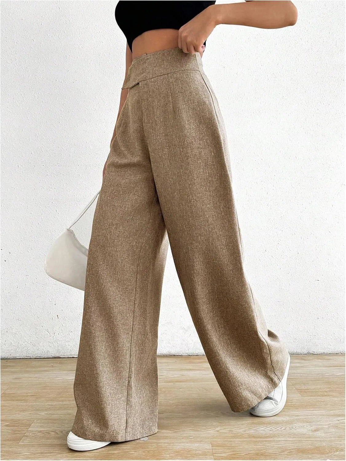 OYOANGLE Women's High Waist Wide Leg Pants Work Office Business Trousers Loose Fit Casual Long Pants
