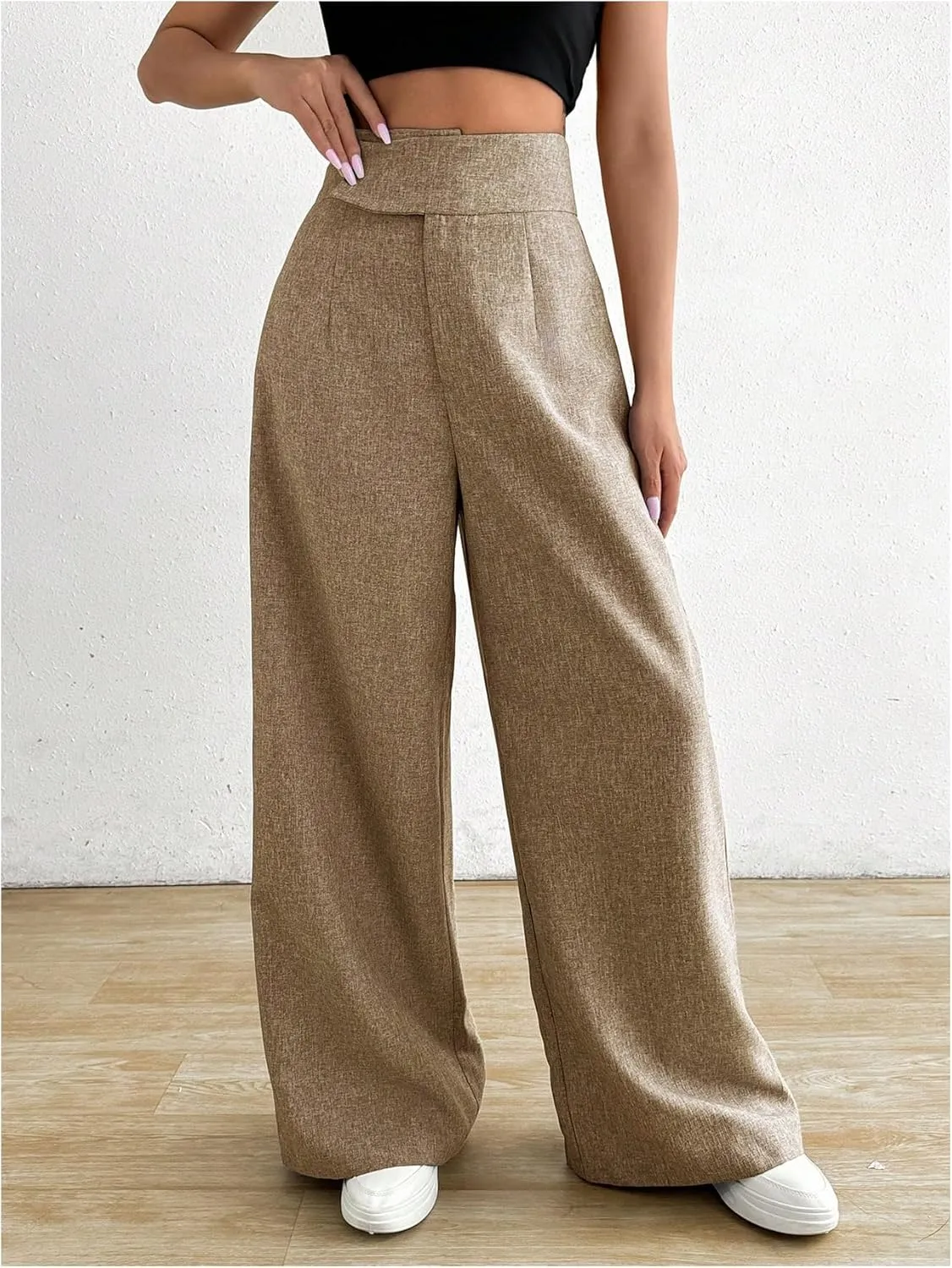 OYOANGLE Women's High Waist Wide Leg Pants Work Office Business Trousers Loose Fit Casual Long Pants