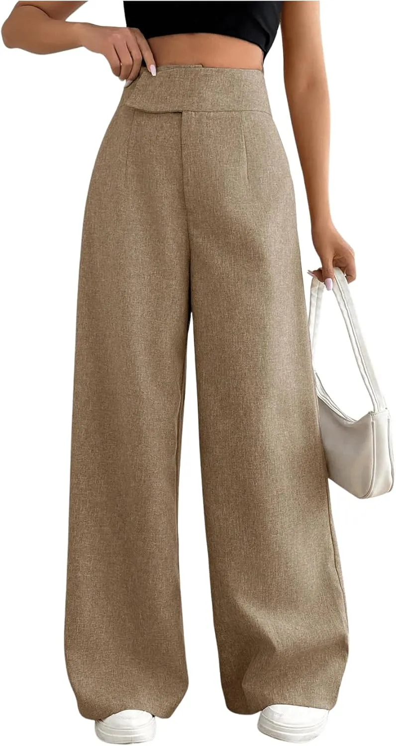 OYOANGLE Women's High Waist Wide Leg Pants Work Office Business Trousers Loose Fit Casual Long Pants