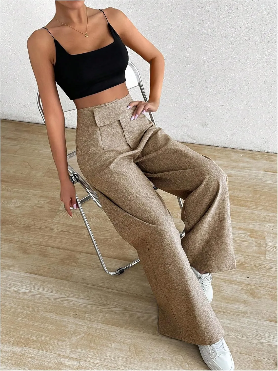 OYOANGLE Women's High Waist Wide Leg Pants Work Office Business Trousers Loose Fit Casual Long Pants