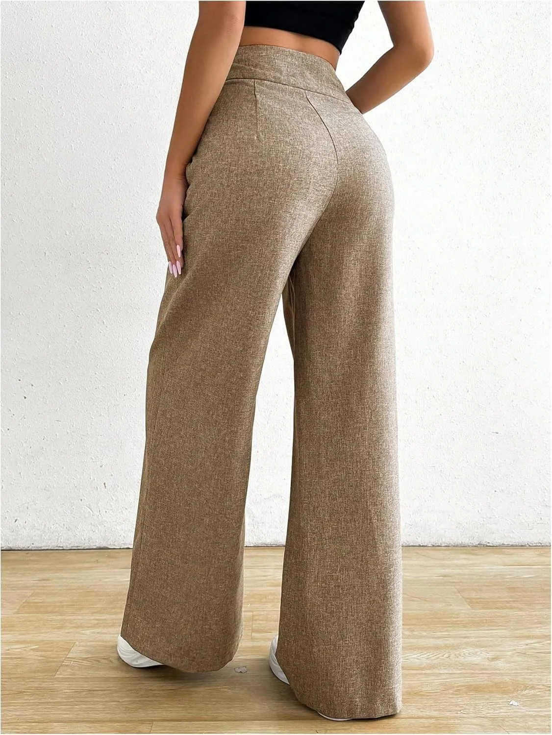 OYOANGLE Women's High Waist Wide Leg Pants Work Office Business Trousers Loose Fit Casual Long Pants