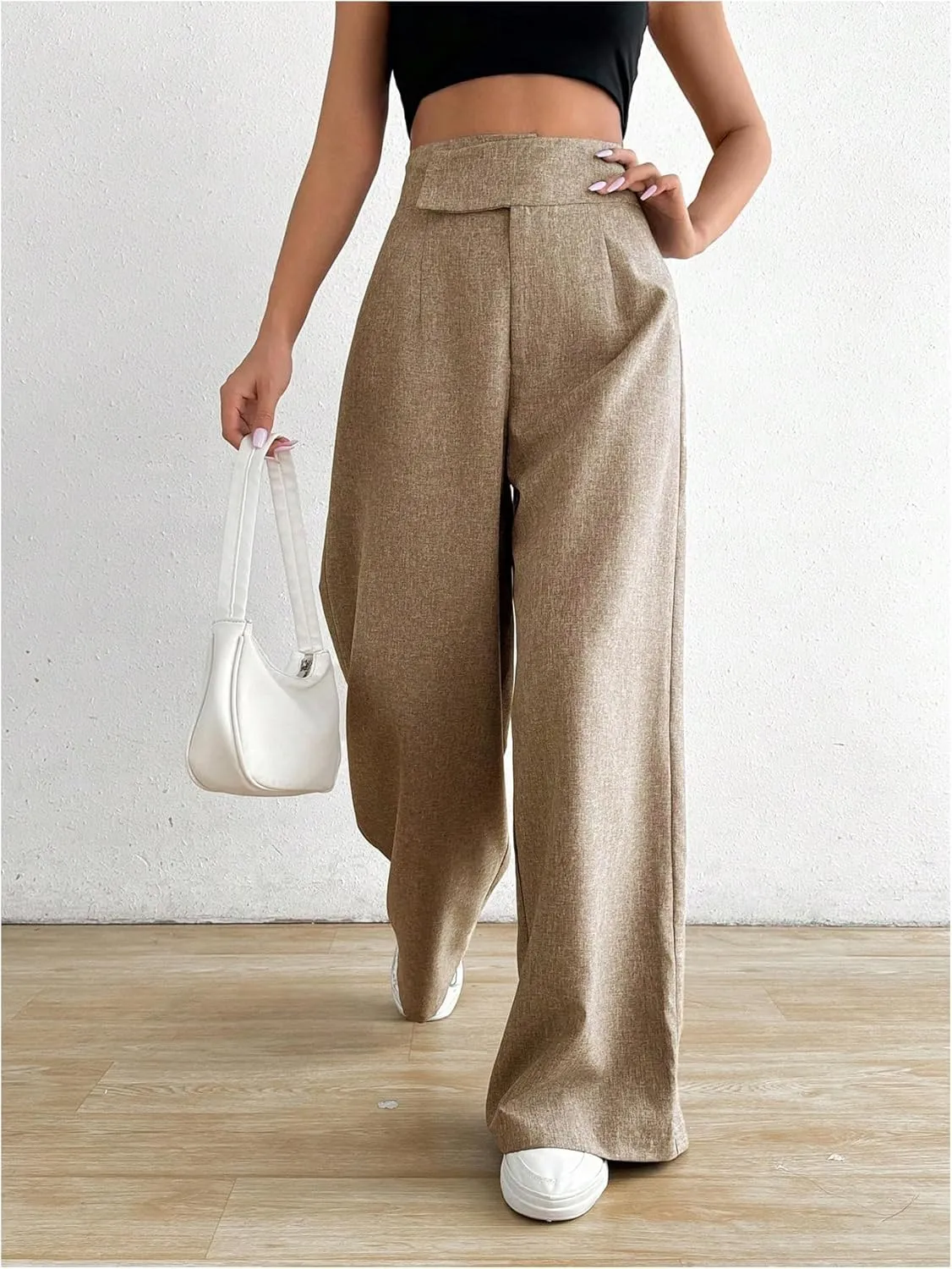 OYOANGLE Women's High Waist Wide Leg Pants Work Office Business Trousers Loose Fit Casual Long Pants