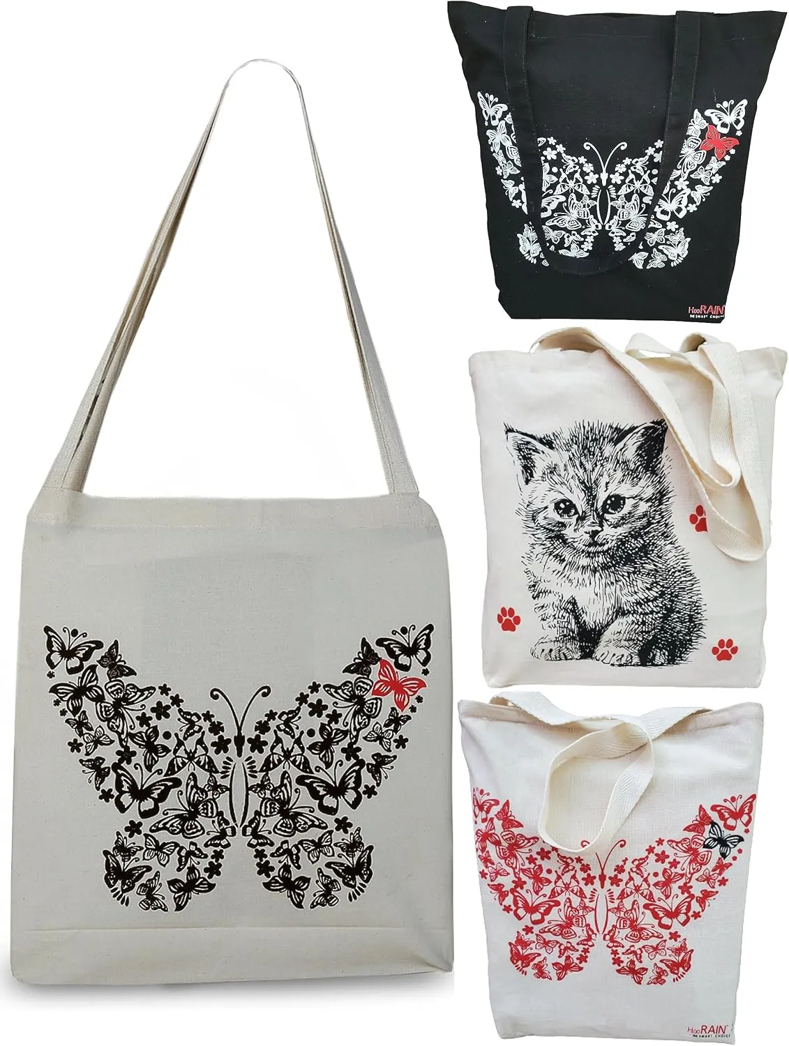 PACK OF 4 Canvas Tote Bags for Girls and womens Aesthetic Cute Butterfly And Kitty 4 Different Printed for Work Beach travel and Shopping Grocery Bags