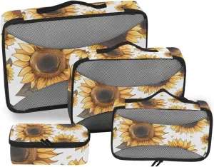 Packing Cubes for Travel 4 Set Cat Sunflower Yellow Flower Luggage Set Suitcase Organizer Bags Mesh Accessories Storage Pouch Toiletry Packing Cubes